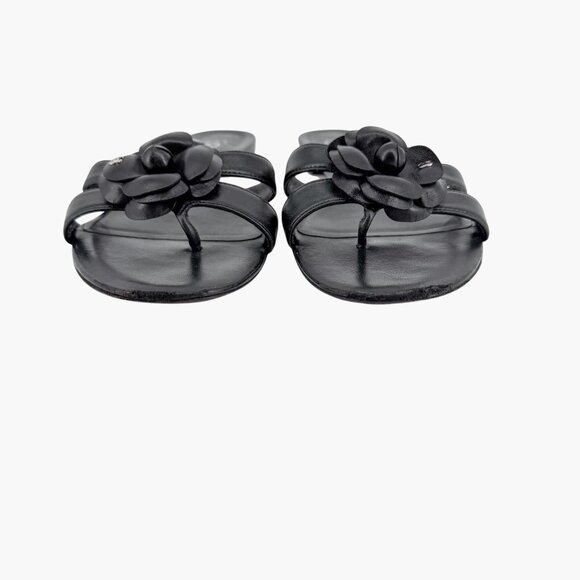 Chanel Camellia CC Flat Thong Slide Sandals Black Leather Size 40.5 US 9.5-10 - Picture 6 of 15